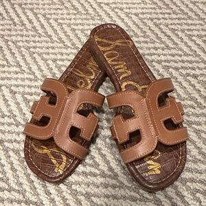 Sam Edelman Camel Leather Slide Sandals with Cutout Straps